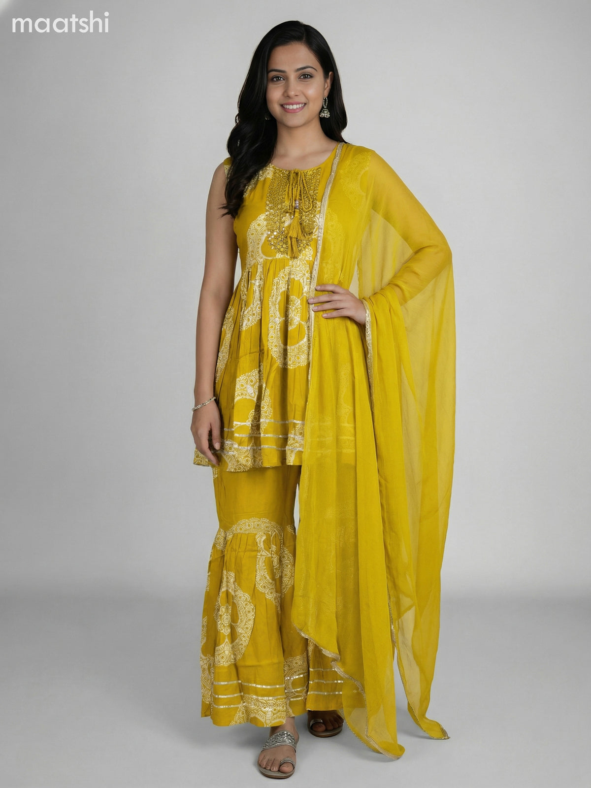 Mustard Shade Rayon Floral Printed Short Anarkali Suit