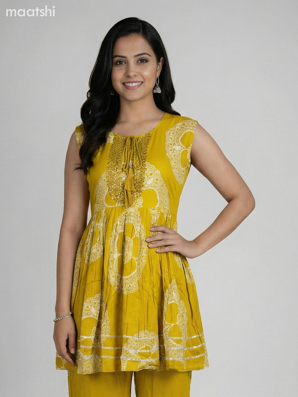 Mustard Shade Rayon Floral Printed Short Anarkali Suit
