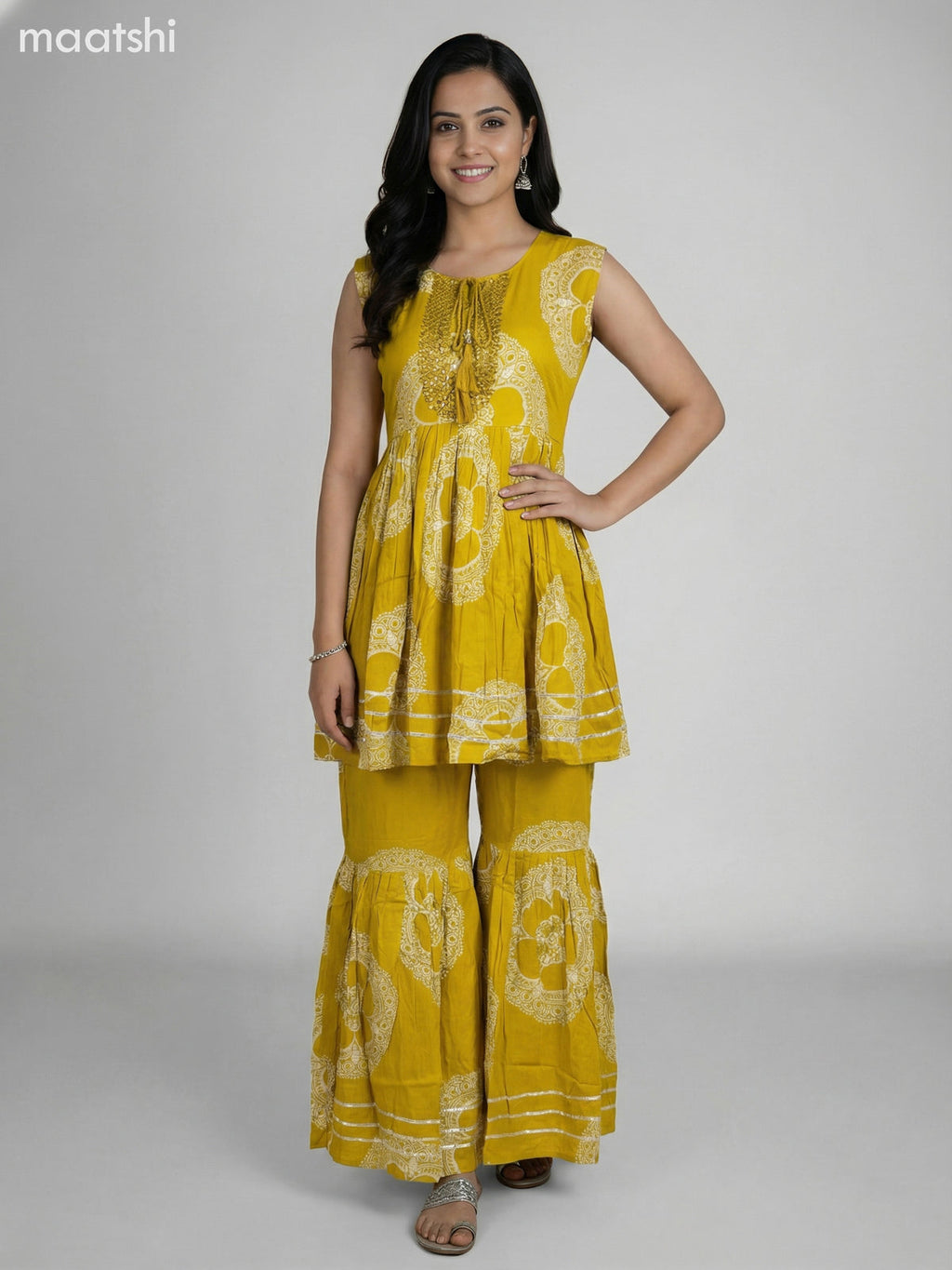 Mustard Shade Rayon Floral Printed Short Anarkali Suit