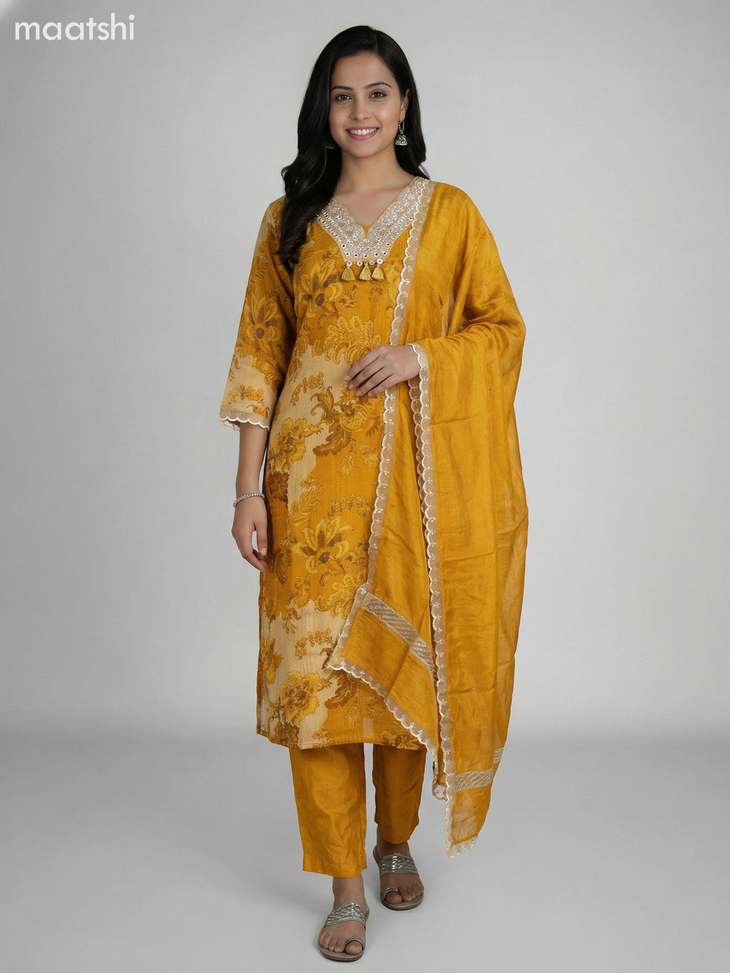 Mustard Shade Tissue Kalamkari Printed Straight Suit