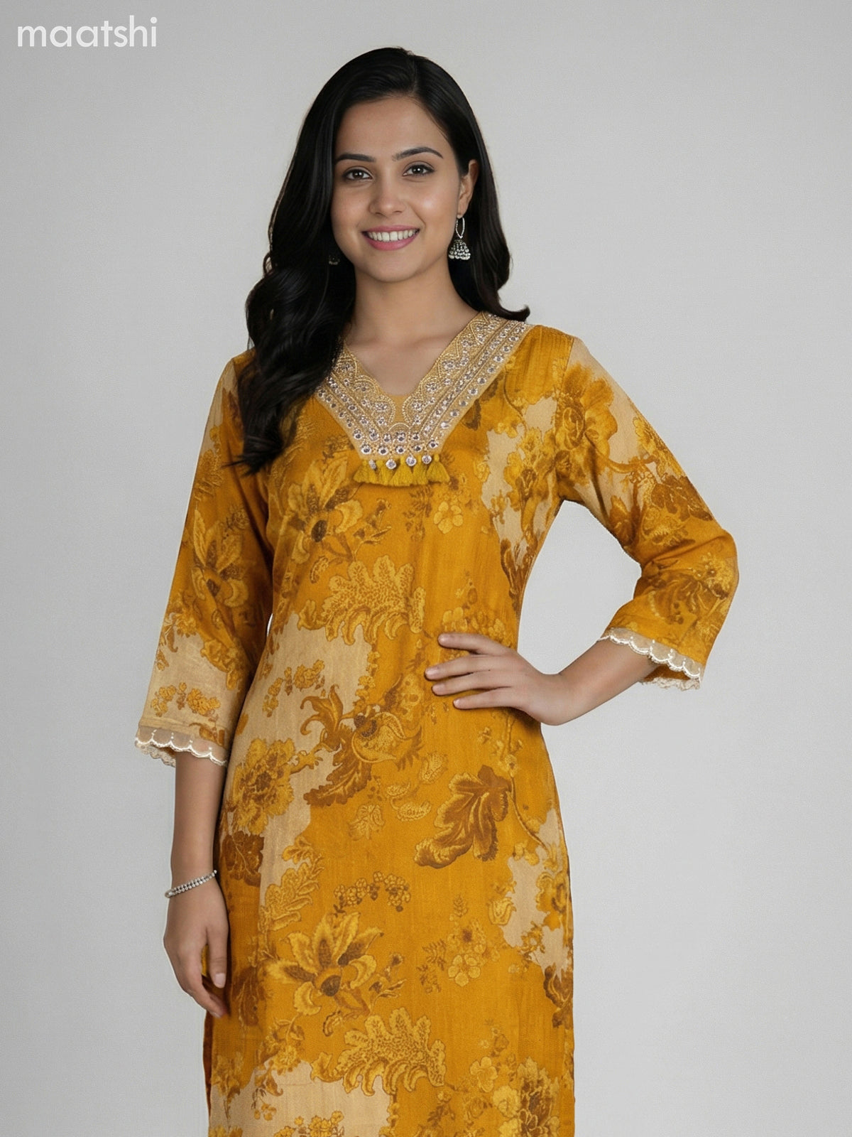 Mustard Shade Tissue Kalamkari Printed Straight Suit
