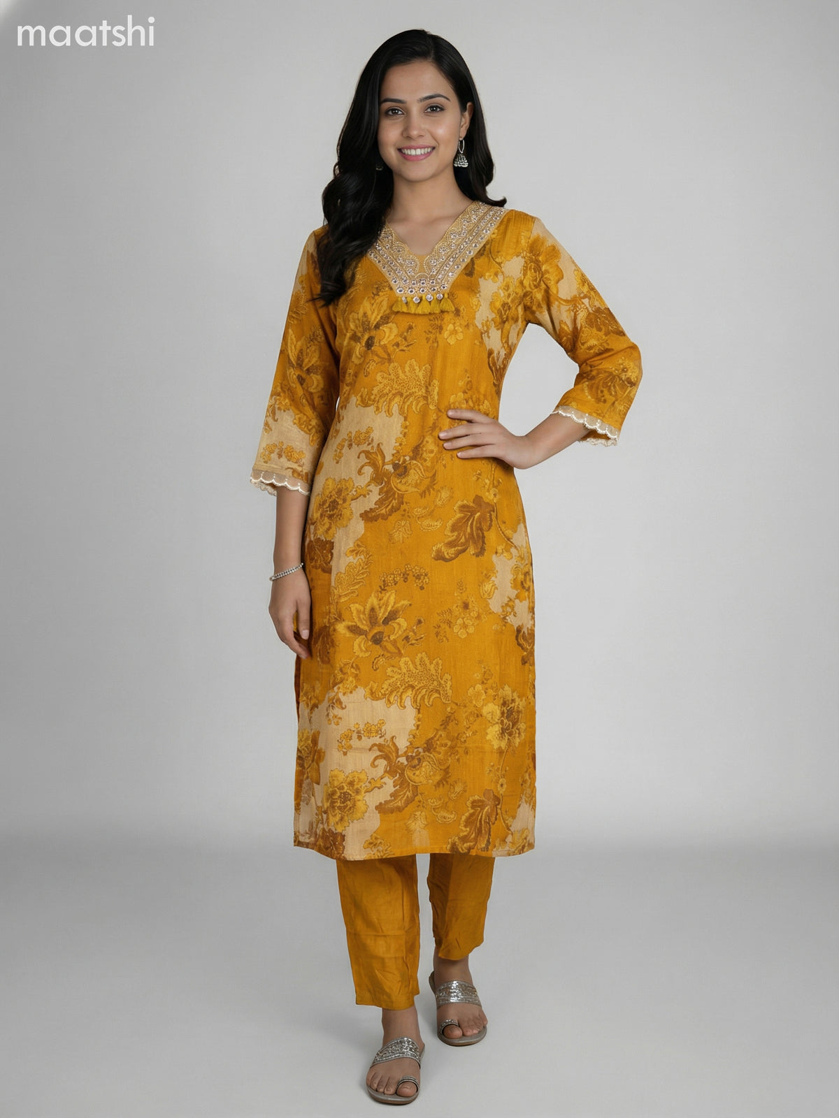 Mustard Shade Tissue Kalamkari Printed Straight Suit