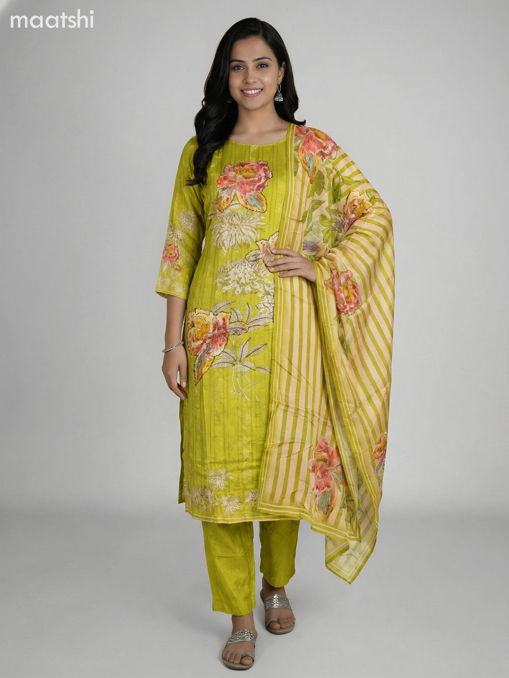 Lime Green Muslin Floral Prinred & Beaded Work Straight Suit Straight Cut Pant