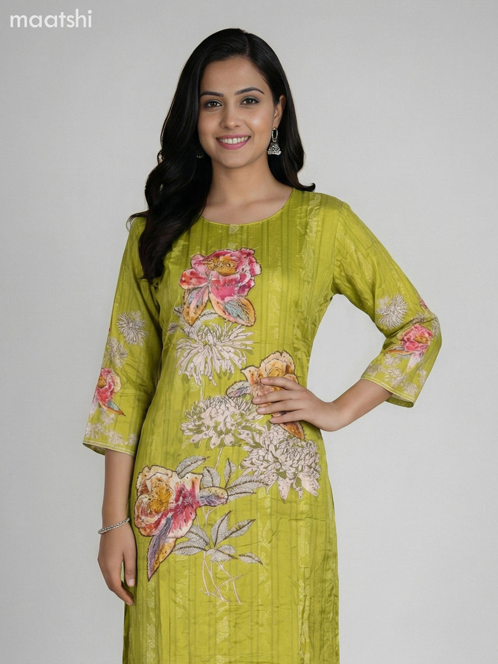 Lime Green Muslin Floral Prinred & Beaded Work Straight Suit Straight Cut Pant