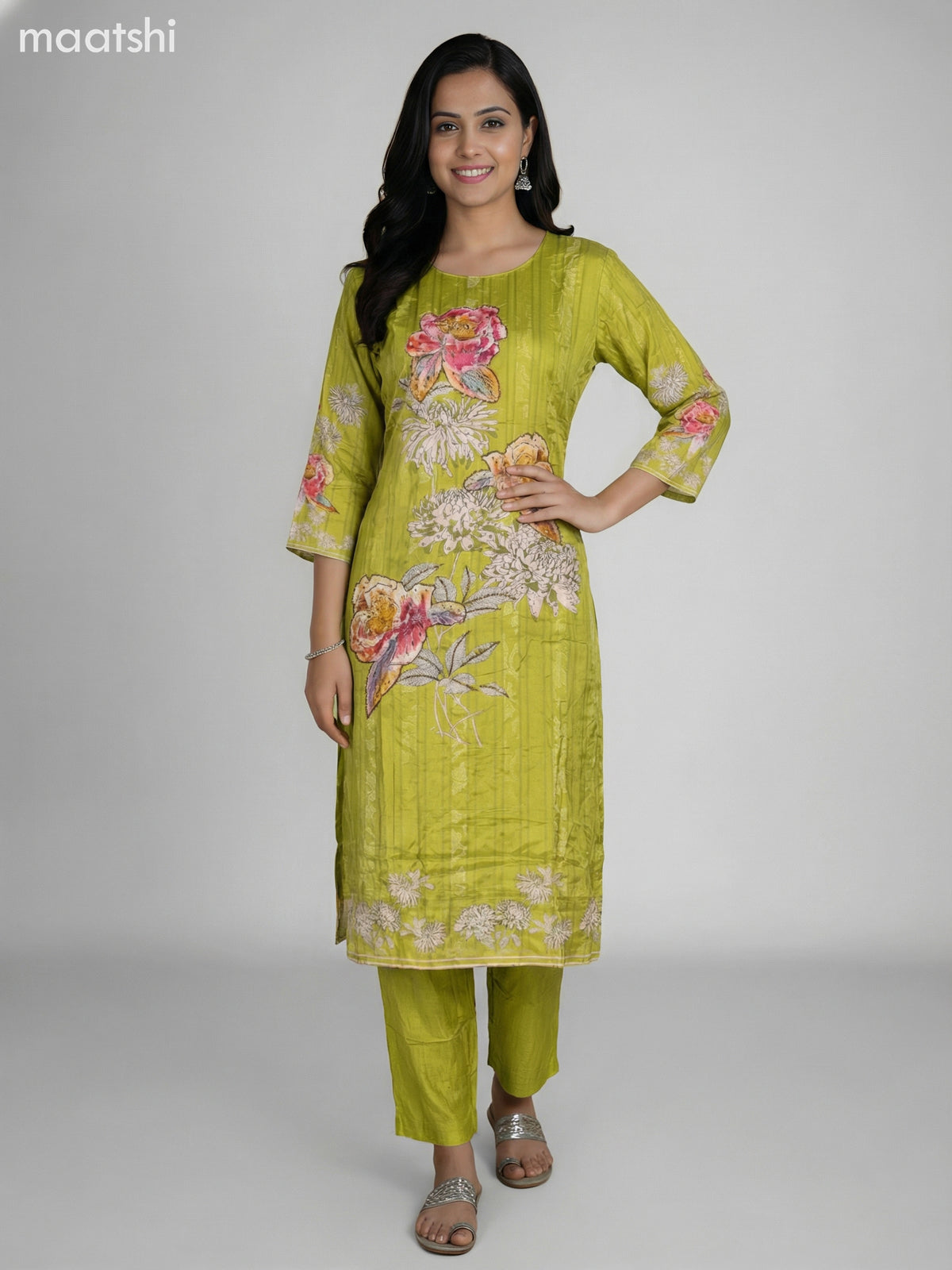 Lime Green Muslin Floral Prinred & Beaded Work Straight Suit Straight Cut Pant