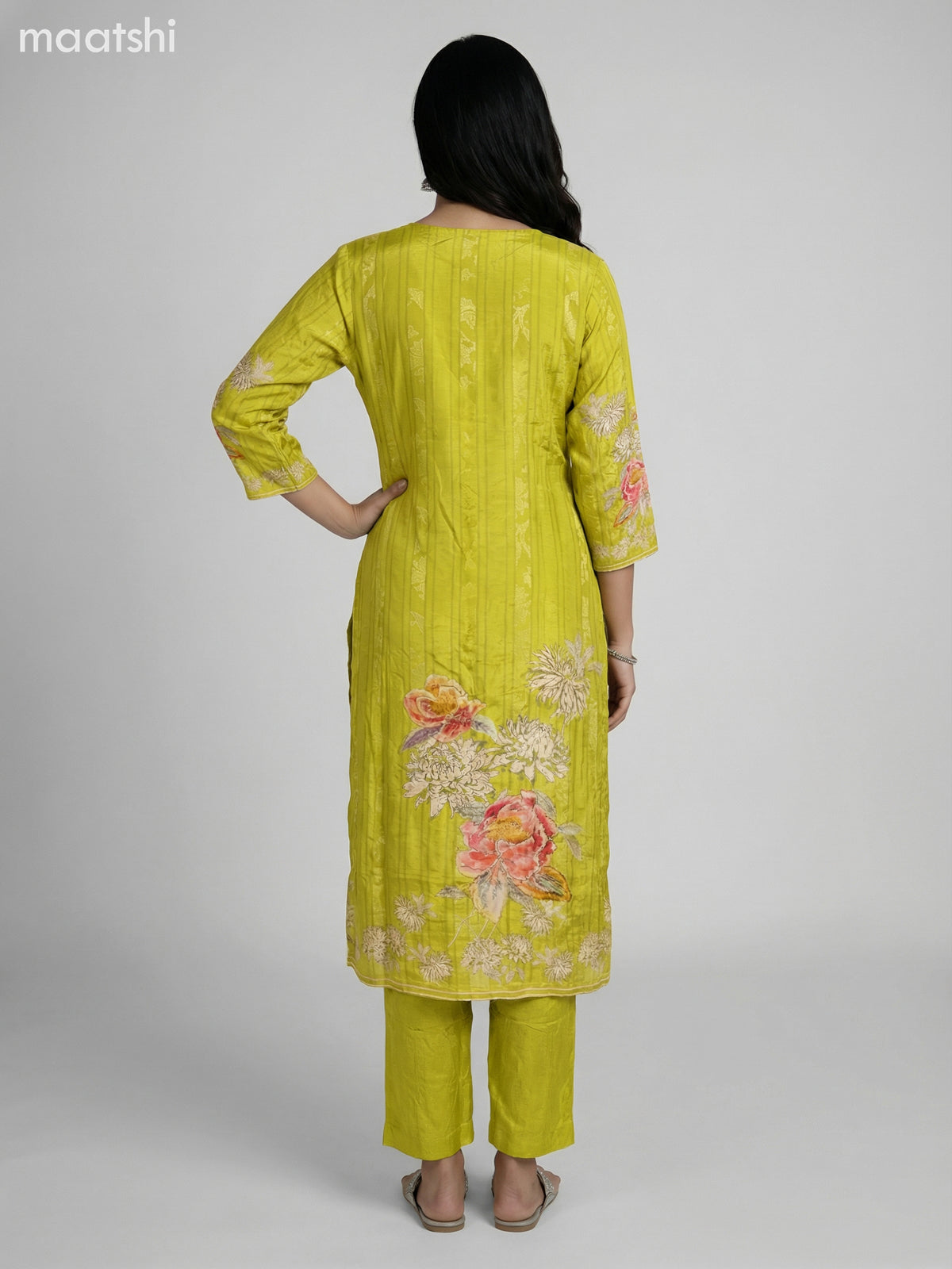 Lime Green Muslin Floral Prinred & Beaded Work Straight Suit Straight Cut Pant