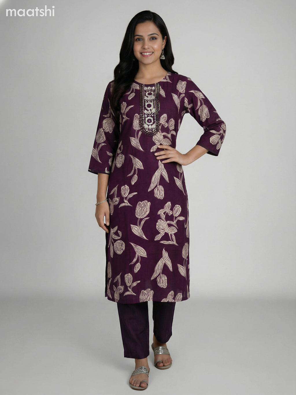 Deep Maroon Semi Silk Floral Printed & Embroidery Work Straight Suit Straight Cut Pant