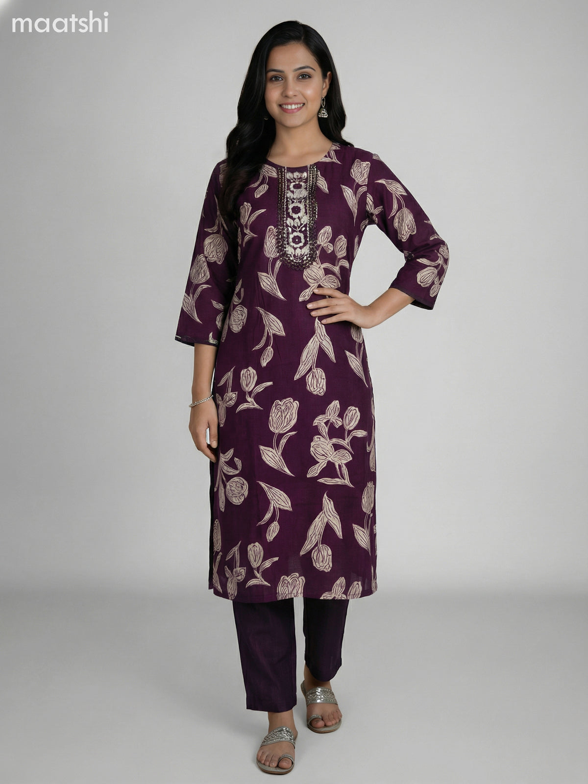 Deep Maroon Semi Silk Floral Printed & Embroidery Work Straight Suit Straight Cut Pant