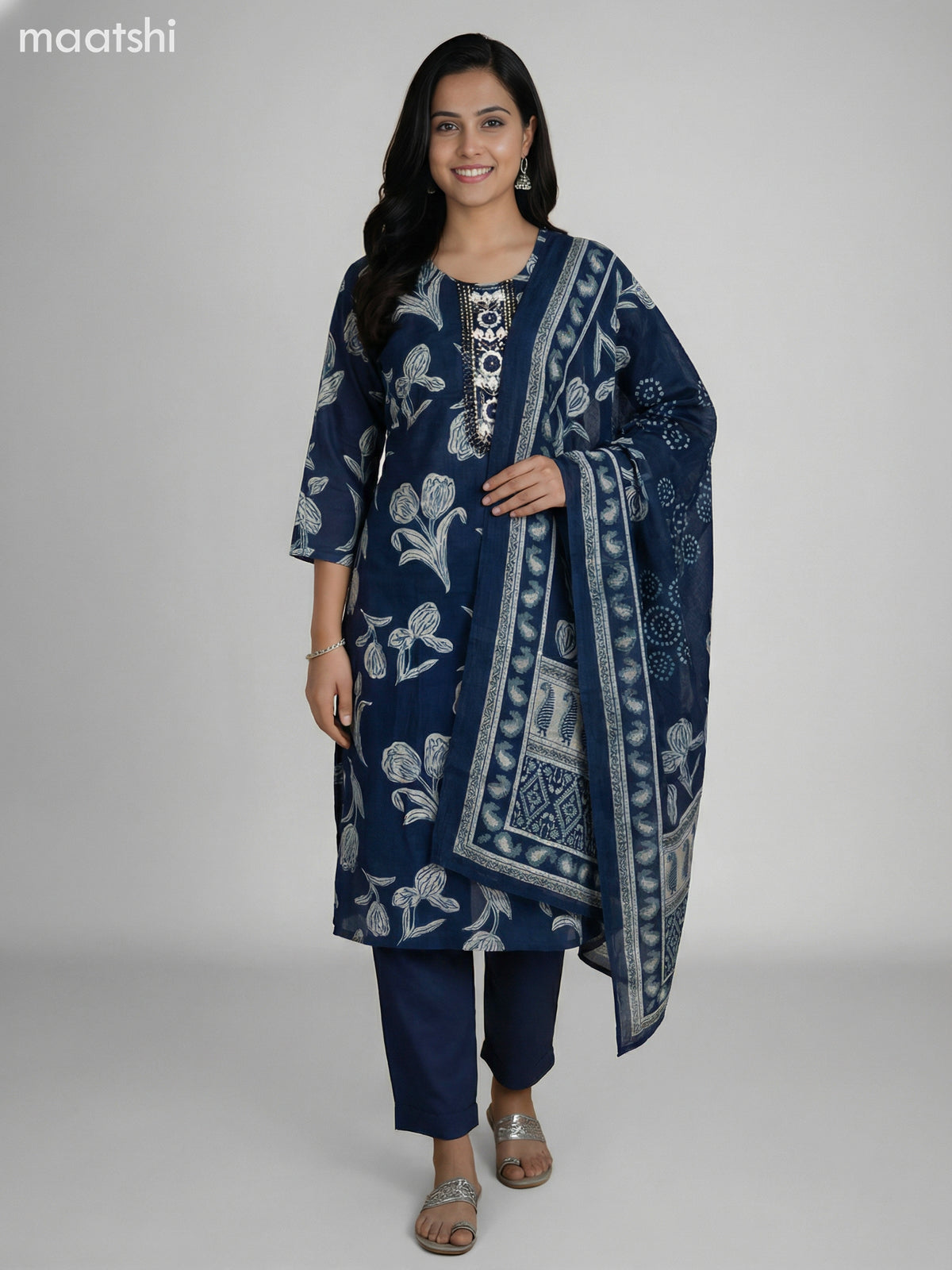 Dark Peacock Blue Semi Silk Floral Printed & Embroidery Work Straight Suit Straight Cut Pant