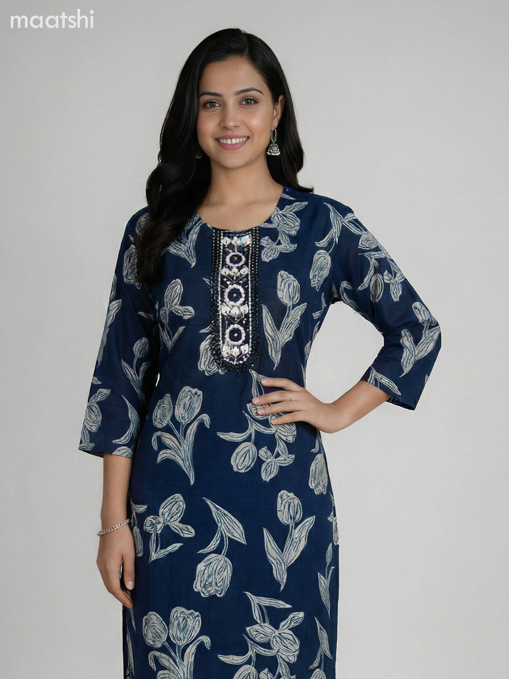 Dark Peacock Blue Semi Silk Floral Printed & Embroidery Work Straight Suit Straight Cut Pant