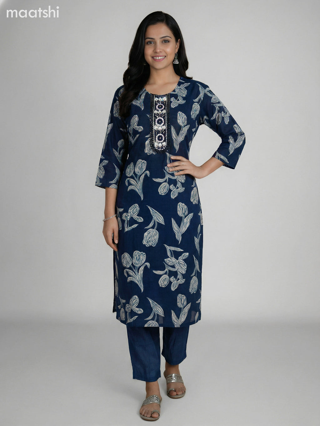 Dark Peacock Blue Semi Silk Floral Printed & Embroidery Work Straight Suit Straight Cut Pant