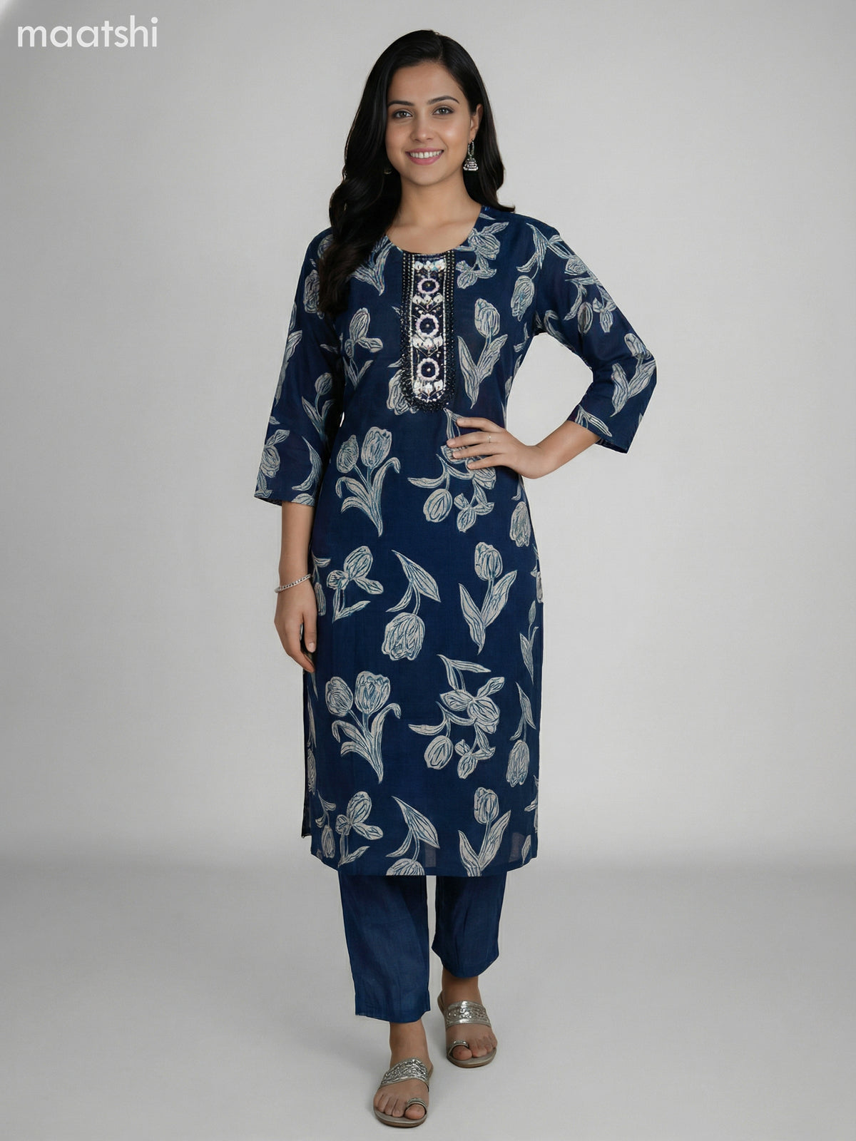 Dark Peacock Blue Semi Silk Floral Printed & Embroidery Work Straight Suit Straight Cut Pant