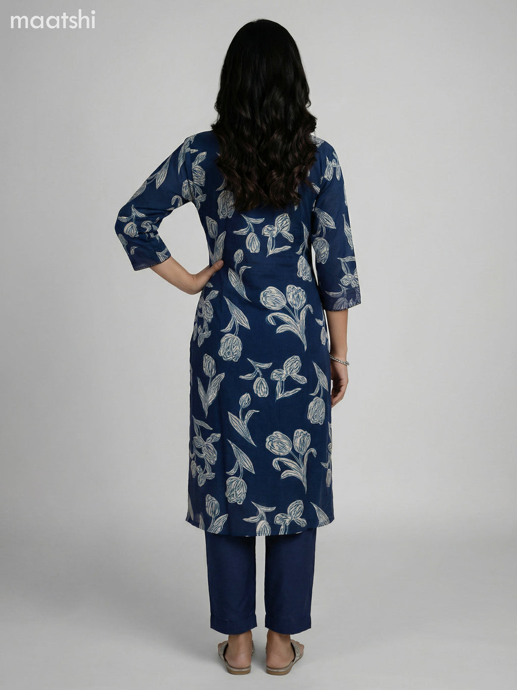 Dark Peacock Blue Semi Silk Floral Printed & Embroidery Work Straight Suit Straight Cut Pant