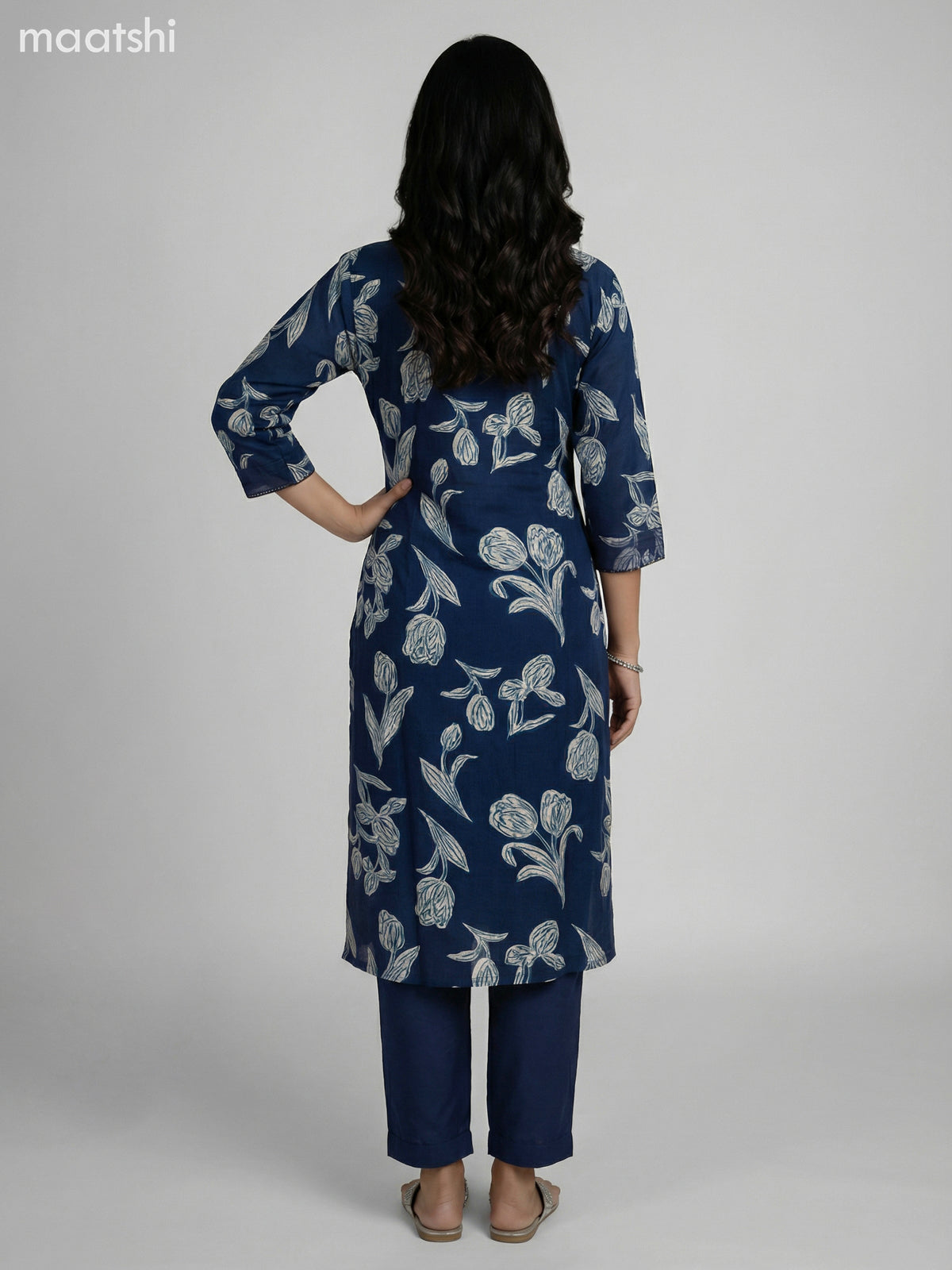 Dark Peacock Blue Semi Silk Floral Printed & Embroidery Work Straight Suit Straight Cut Pant