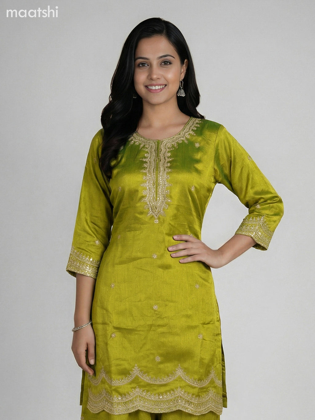 Lime Green Semi Tussar Sequin Work Short Straight Suit Elephant Palazzo Pant