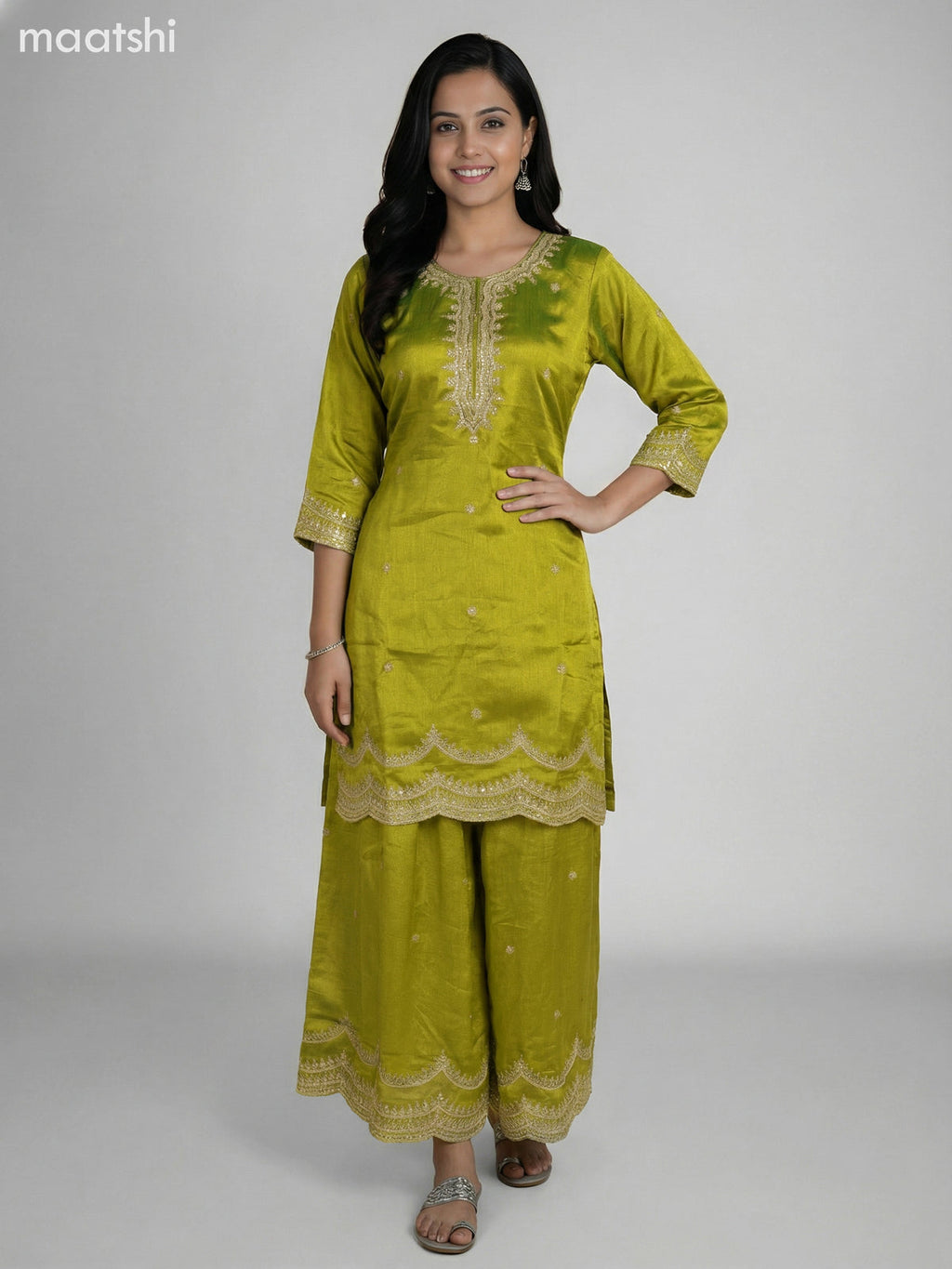 Lime Green Semi Tussar Sequin Work Short Straight Suit Elephant Palazzo Pant