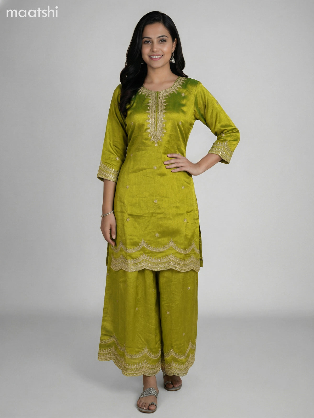 Lime Green Semi Tussar Sequin Work Short Straight Suit Elephant Palazzo Pant