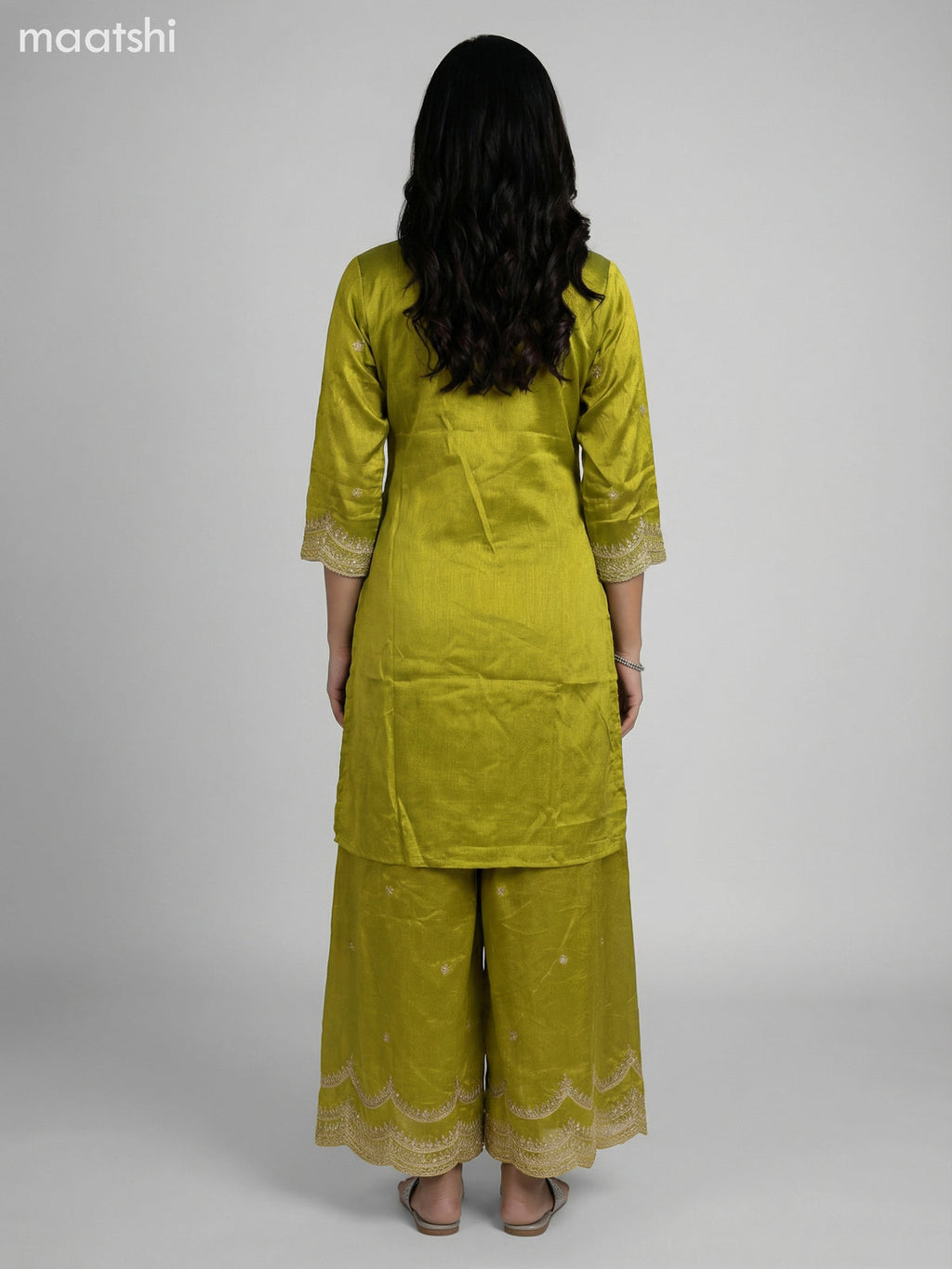 Lime Green Semi Tussar Sequin Work Short Straight Suit Elephant Palazzo Pant