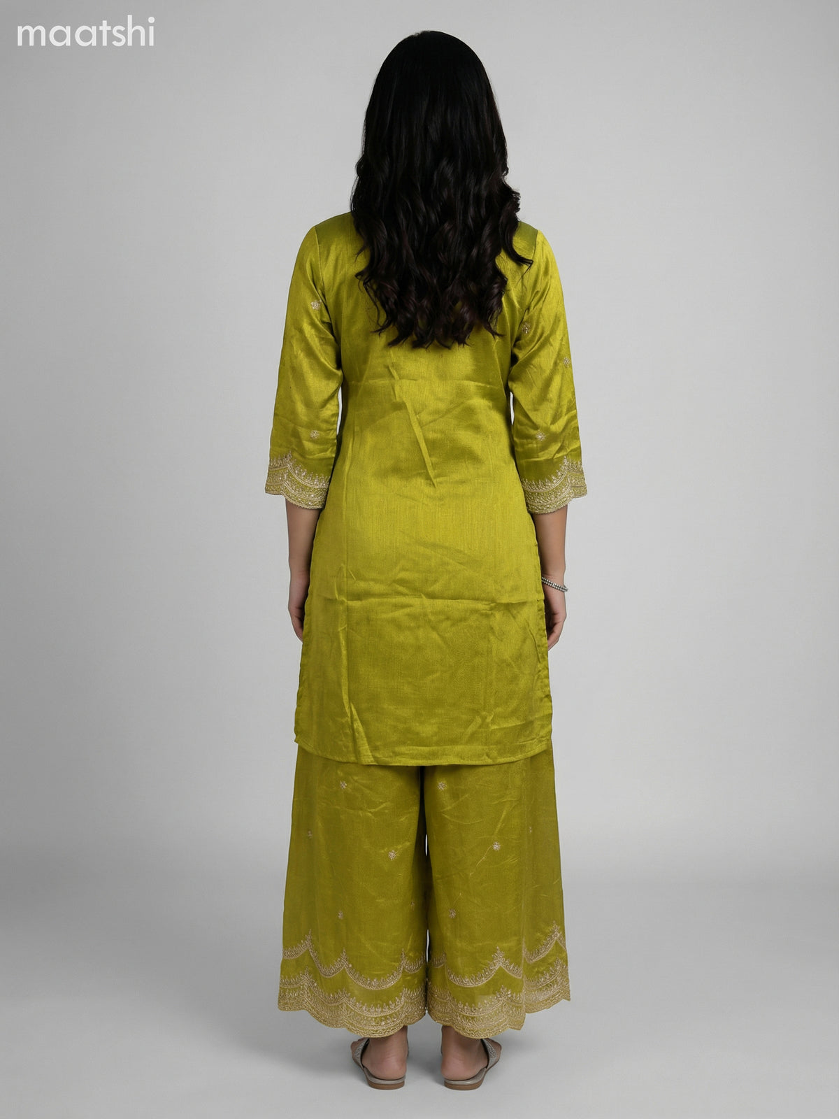 Lime Green Semi Tussar Sequin Work Short Straight Suit Elephant Palazzo Pant