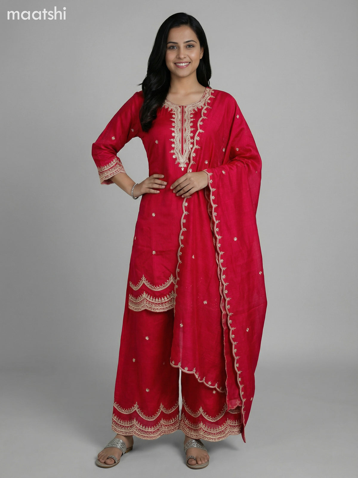 Pink Semi Tussar Sequin Work Short Straight Suit Elephant Palazzo Pant