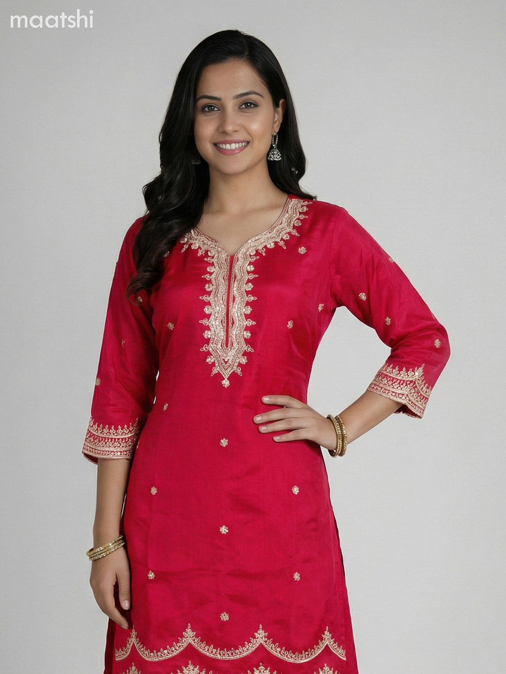 Pink Semi Tussar Sequin Work Short Straight Suit Elephant Palazzo Pant