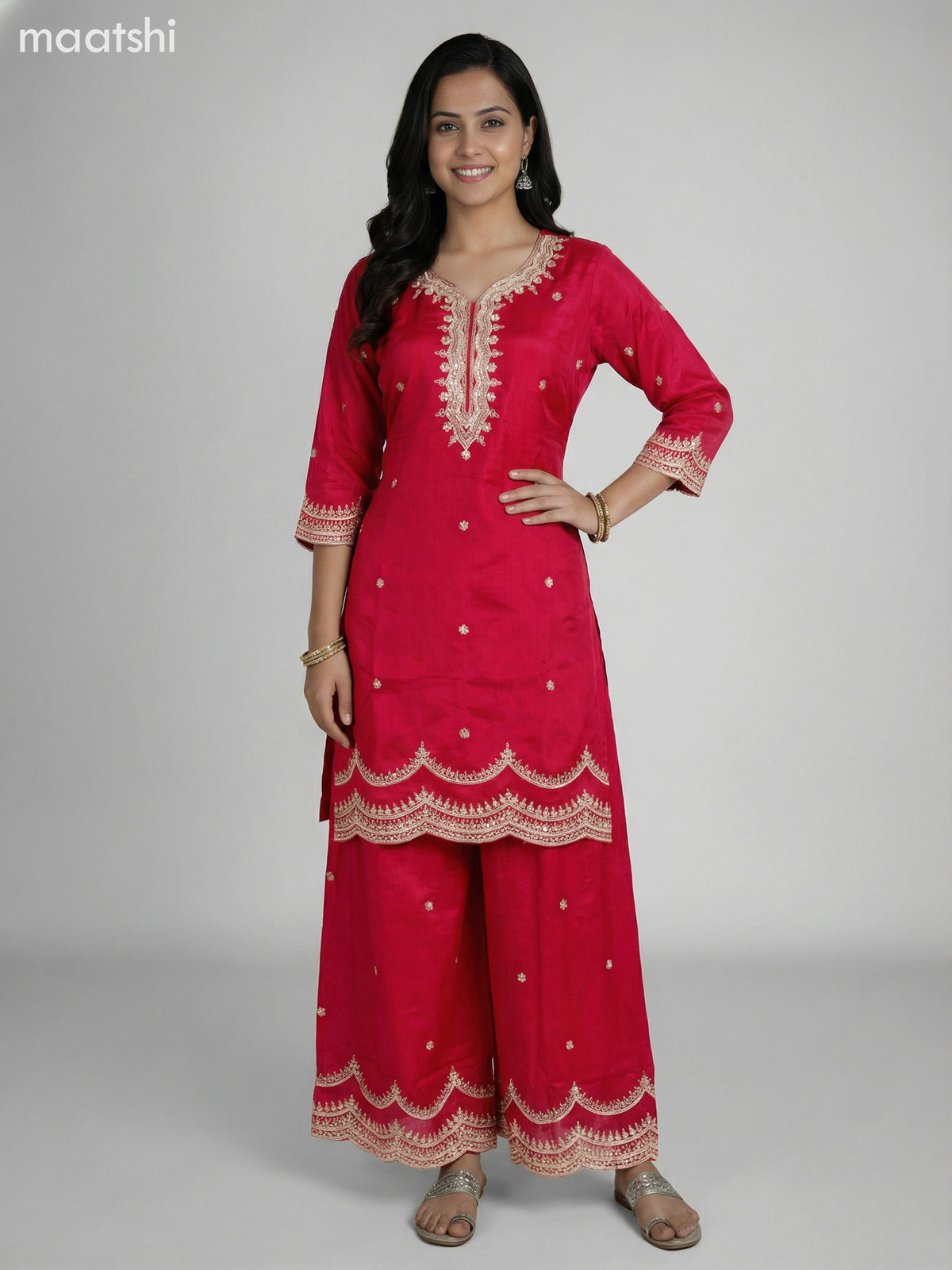 Pink Semi Tussar Sequin Work Short Straight Suit Elephant Palazzo Pant