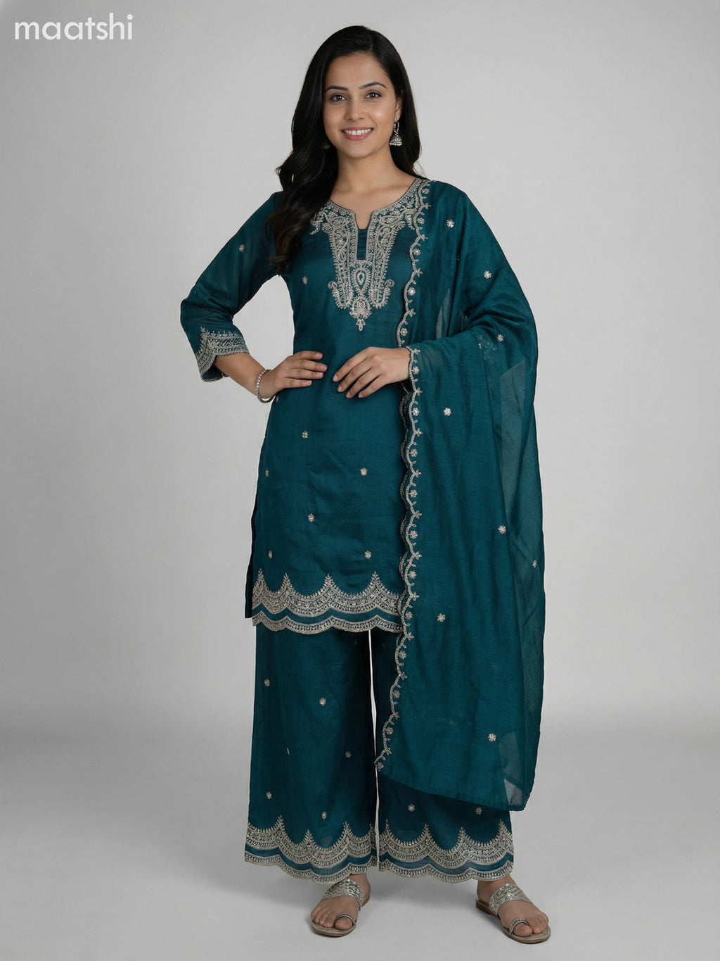 Teal Green Semi Tussar Sequin Work Short Straight Suit Elephant Palazzo Pant