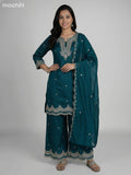 Teal Green Semi Tussar Sequin Work Short Straight Suit Elephant Palazzo Pant