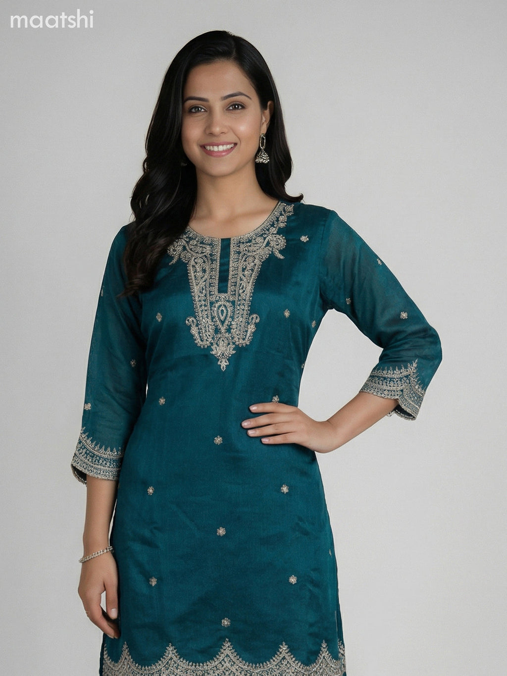 Teal Green Semi Tussar Sequin Work Short Straight Suit Elephant Palazzo Pant