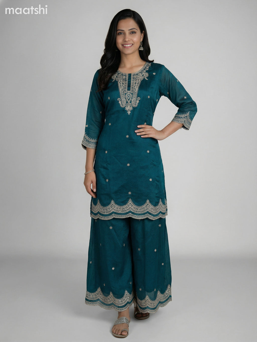 Teal Green Semi Tussar Sequin Work Short Straight Suit Elephant Palazzo Pant