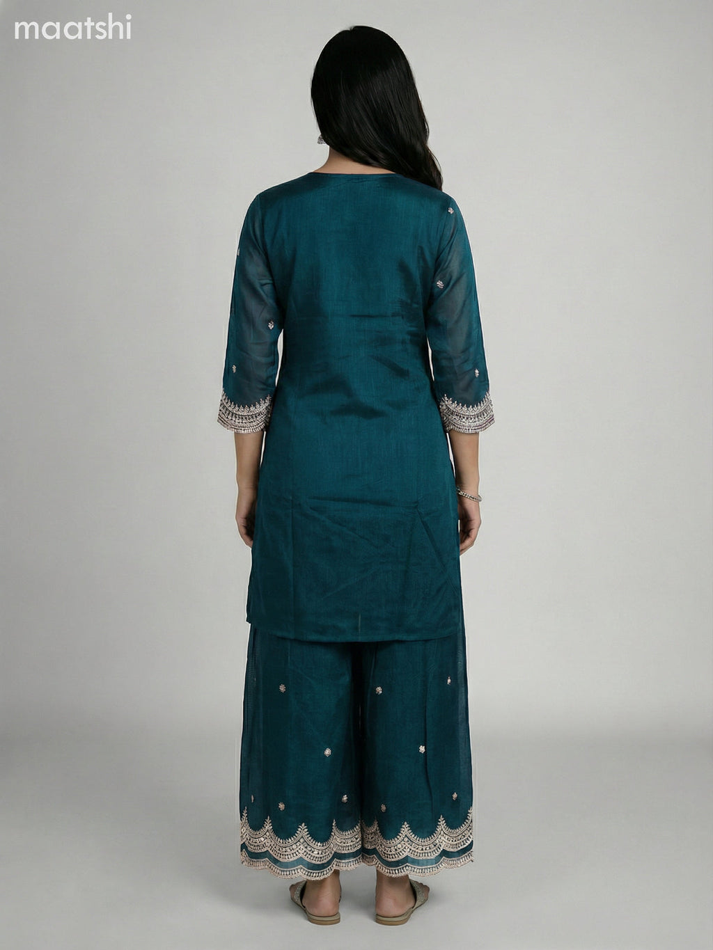 Teal Green Semi Tussar Sequin Work Short Straight Suit Elephant Palazzo Pant