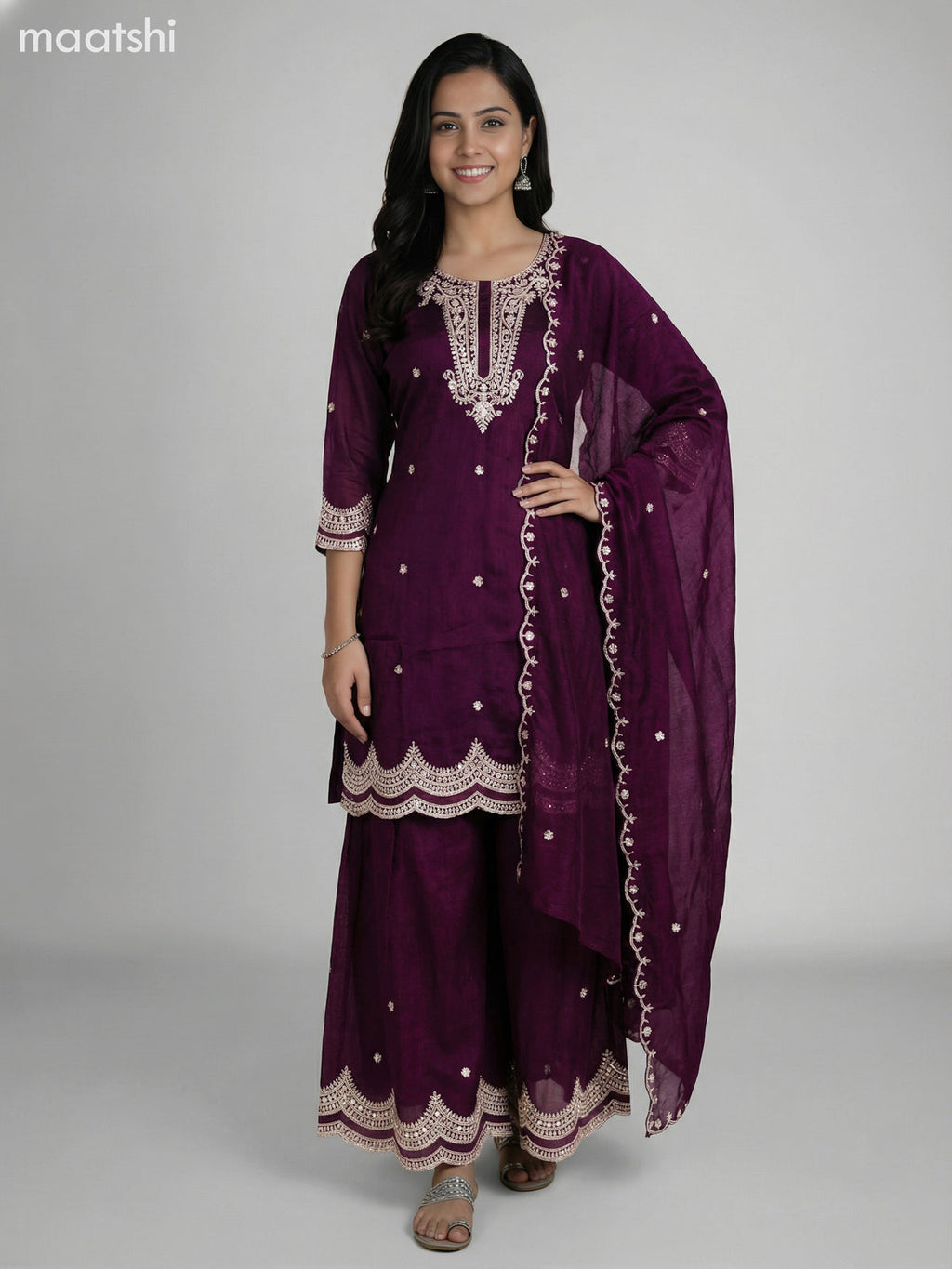 Wine Shade Semi Tussar Sequin Work Short Straight Suit Elephant Palazzo Pant