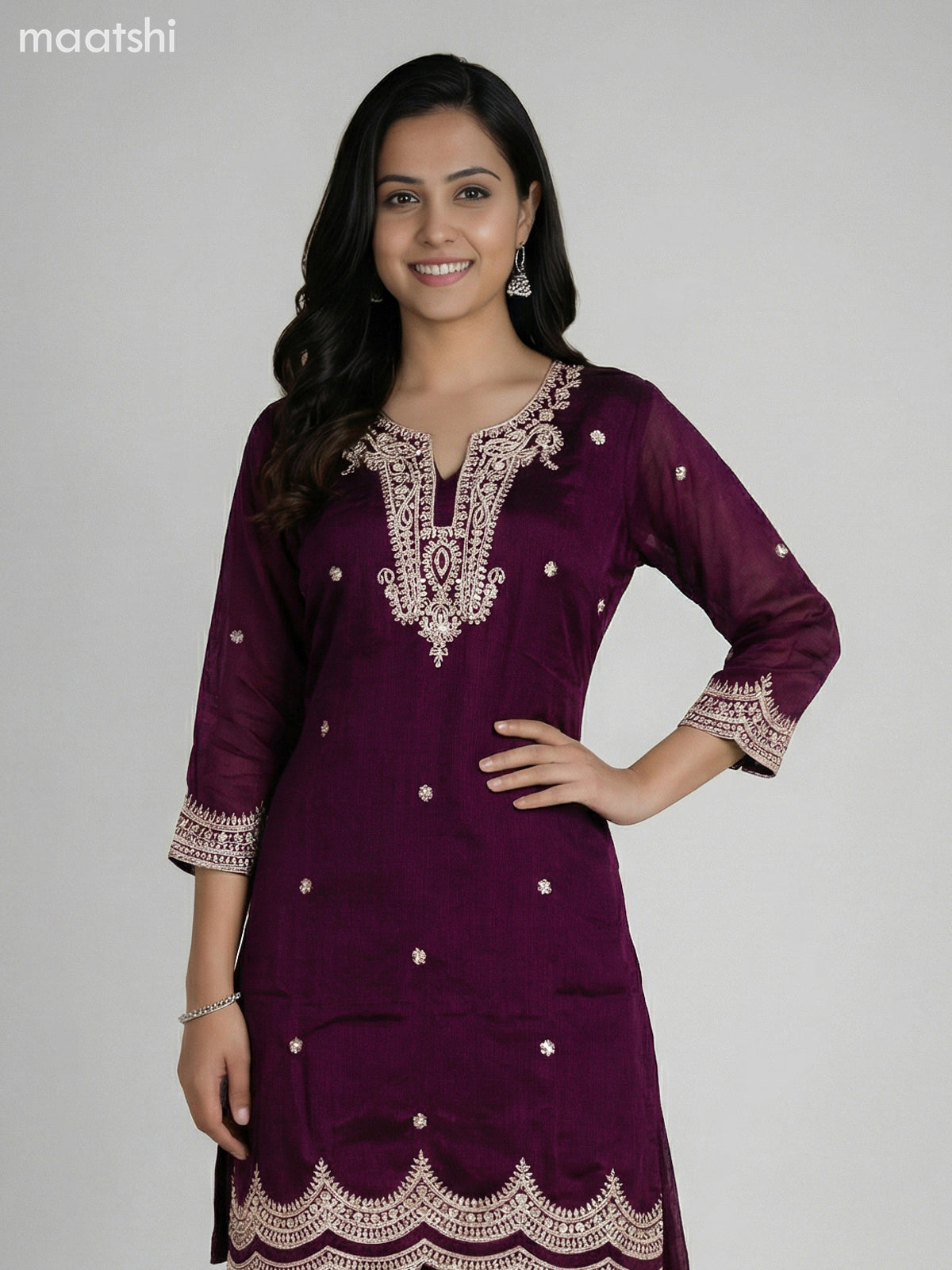 Wine Shade Semi Tussar Sequin Work Short Straight Suit Elephant Palazzo Pant