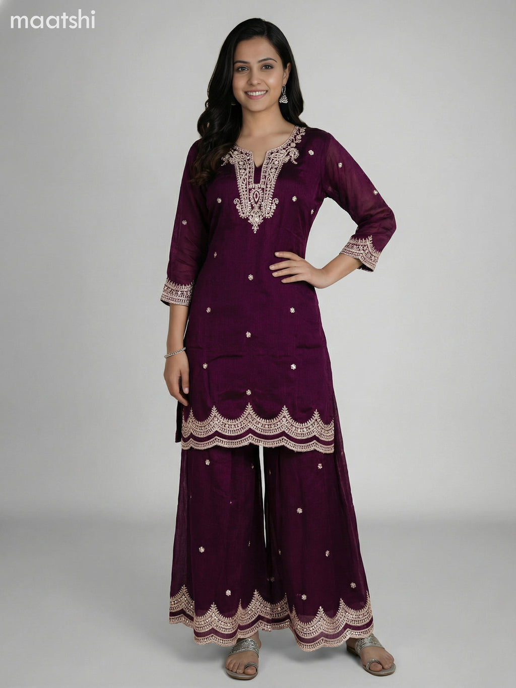 Wine Shade Semi Tussar Sequin Work Short Straight Suit Elephant Palazzo Pant