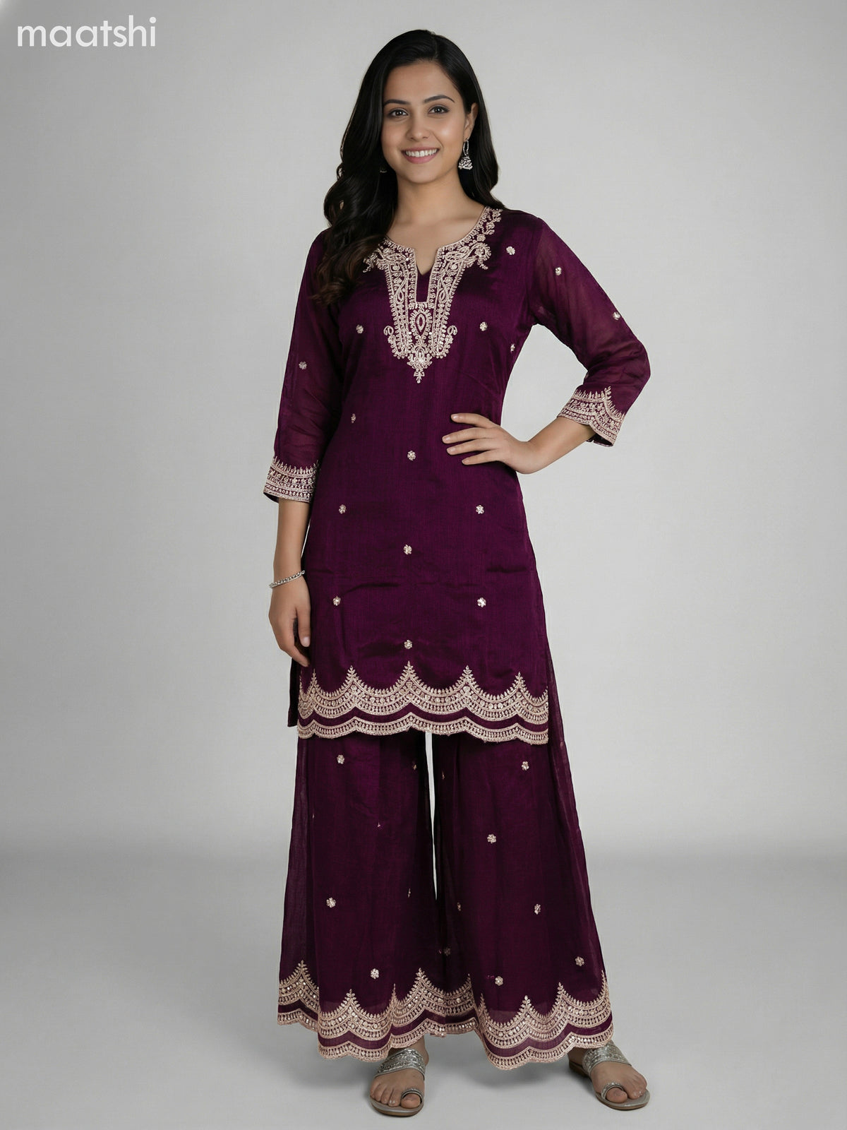 Wine Shade Semi Tussar Sequin Work Short Straight Suit Elephant Palazzo Pant