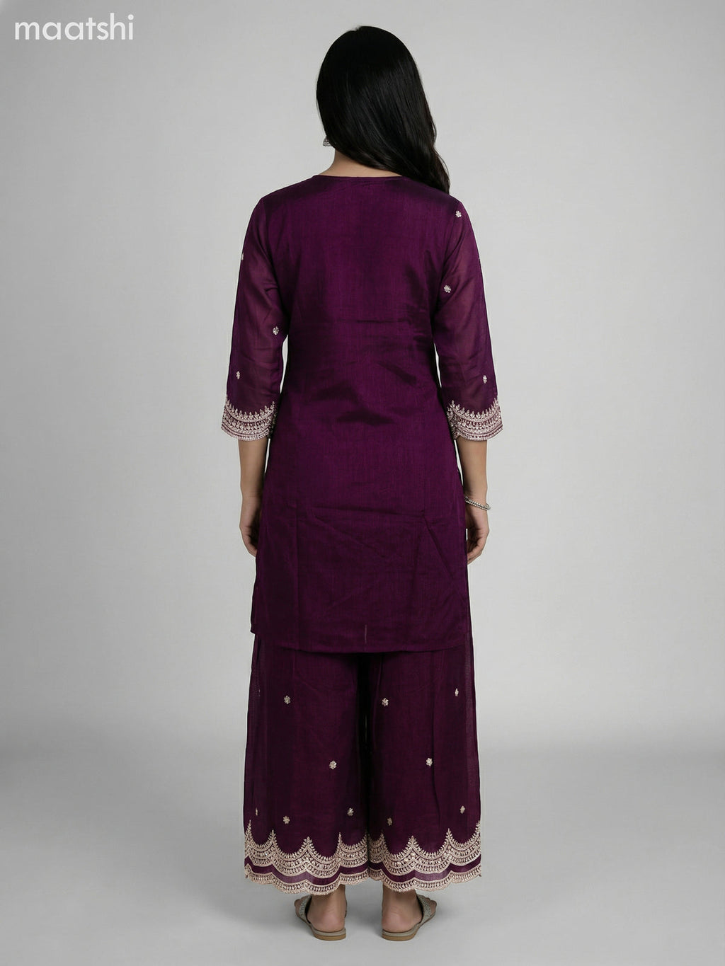 Wine Shade Semi Tussar Sequin Work Short Straight Suit Elephant Palazzo Pant