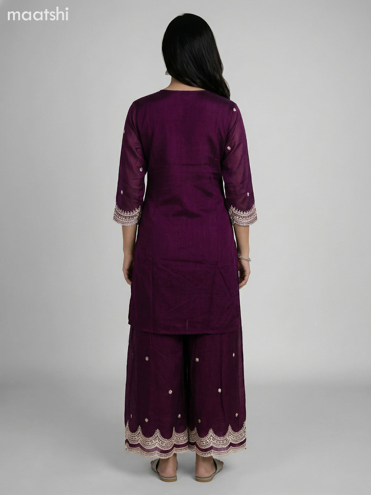 Wine Shade Semi Tussar Sequin Work Short Straight Suit Elephant Palazzo Pant