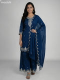 Dark Peacock Blue Semi Tussar Sequin Work Short Straight Suit Elephant Palazzo Pant