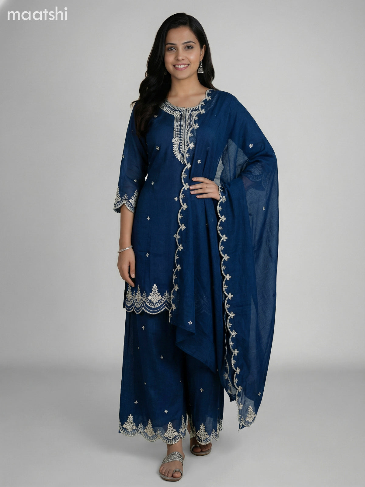 Dark Peacock Blue Semi Tussar Sequin Work Short Straight Suit Elephant Palazzo Pant