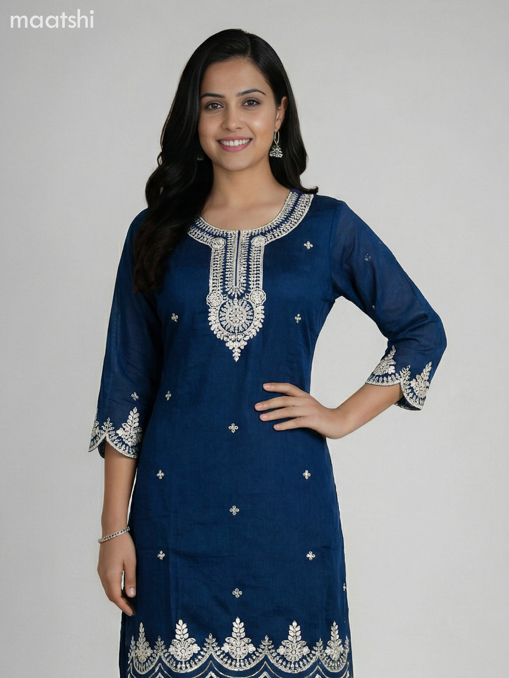 Dark Peacock Blue Semi Tussar Sequin Work Short Straight Suit Elephant Palazzo Pant