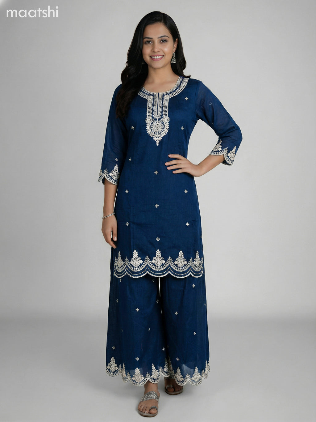 Dark Peacock Blue Semi Tussar Sequin Work Short Straight Suit Elephant Palazzo Pant