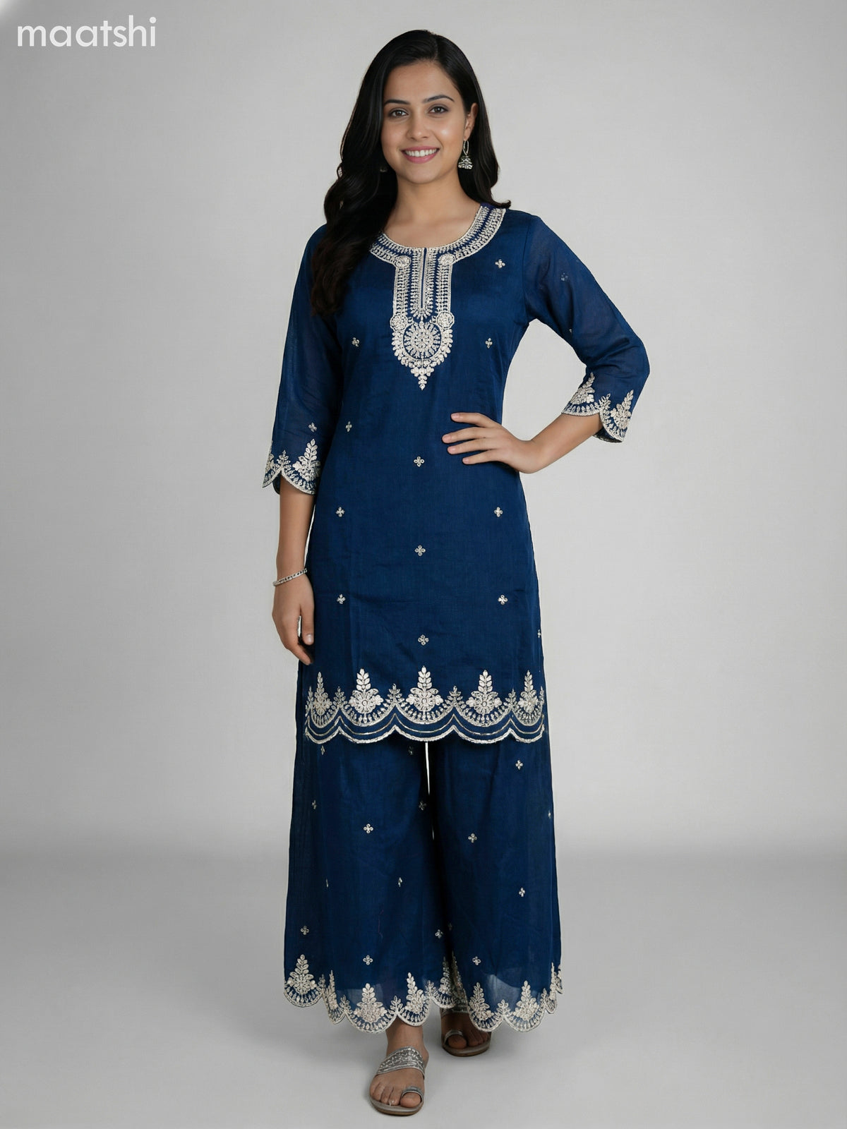 Dark Peacock Blue Semi Tussar Sequin Work Short Straight Suit Elephant Palazzo Pant