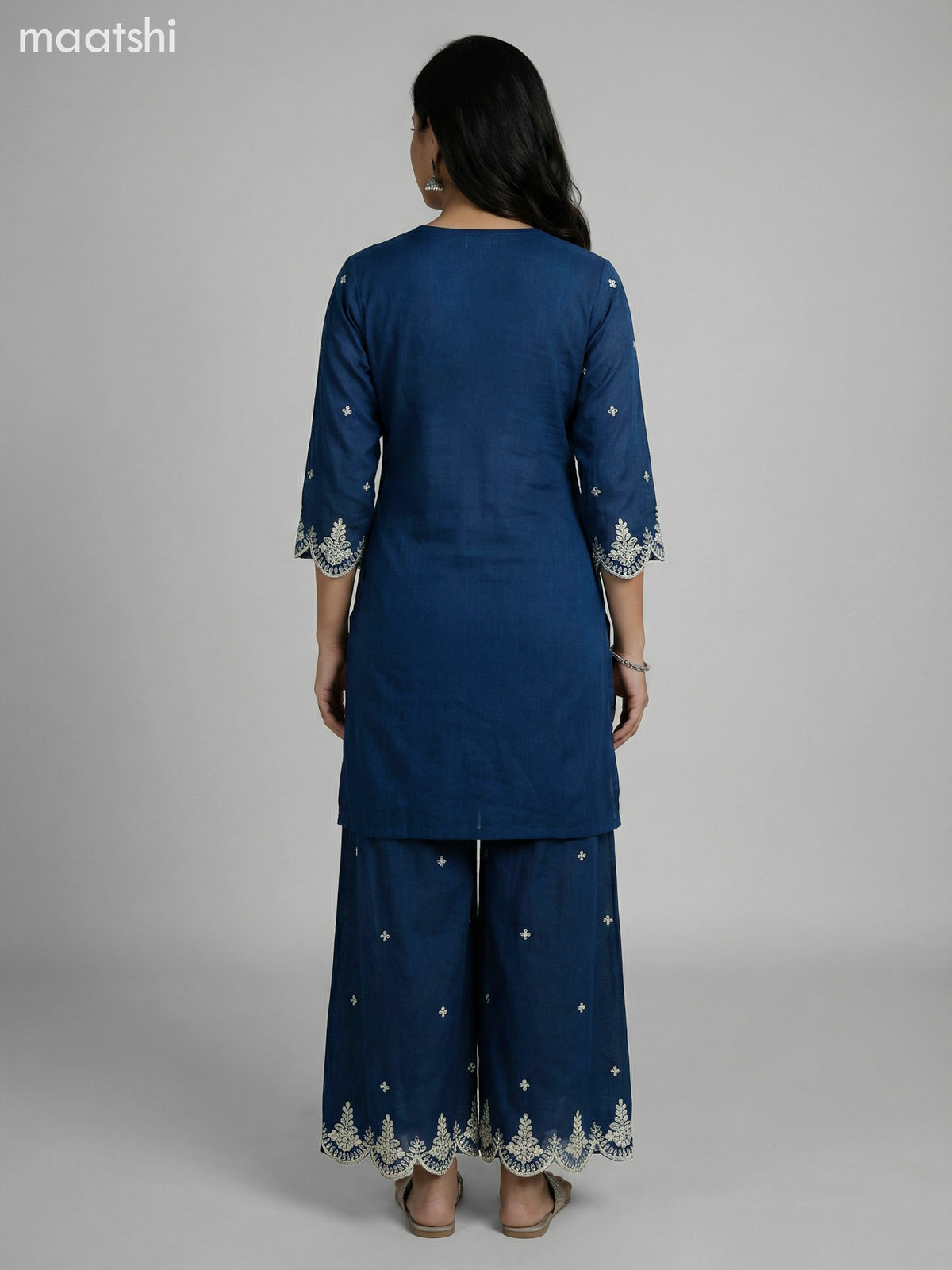 Dark Peacock Blue Semi Tussar Sequin Work Short Straight Suit Elephant Palazzo Pant