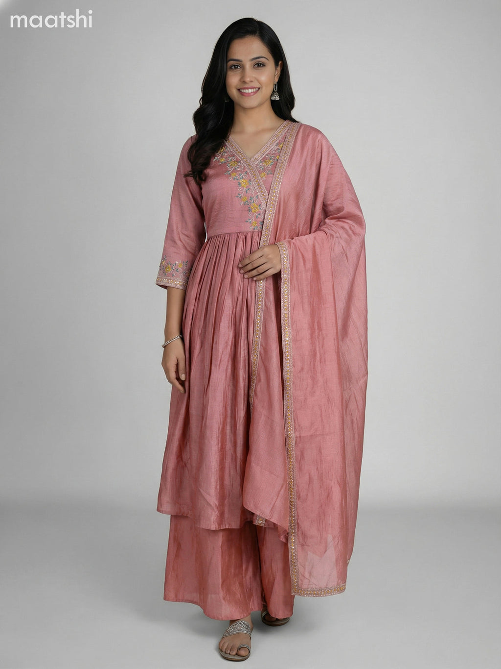 Peach Shade Semi Tussar Embroidery Work Anarkali Suit