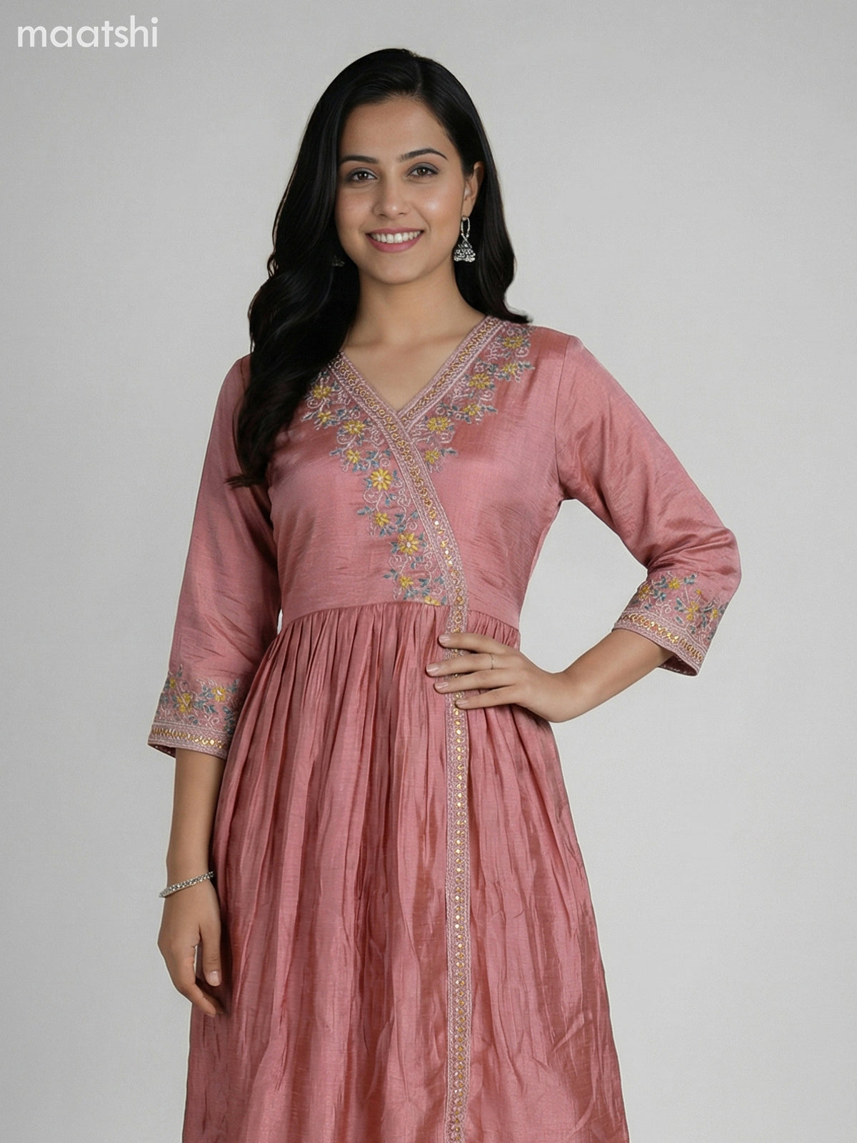 Peach Shade Semi Tussar Embroidery Work Anarkali Suit