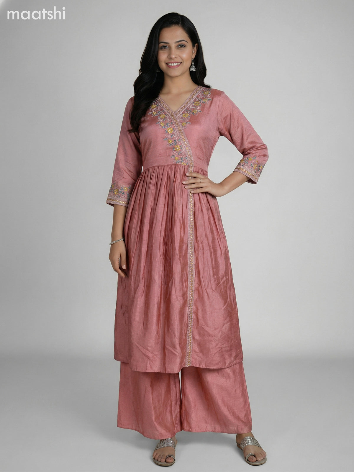 Peach Shade Semi Tussar Embroidery Work Anarkali Suit