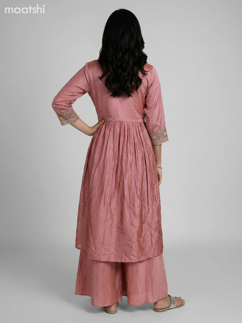 Peach Shade Semi Tussar Embroidery Work Anarkali Suit