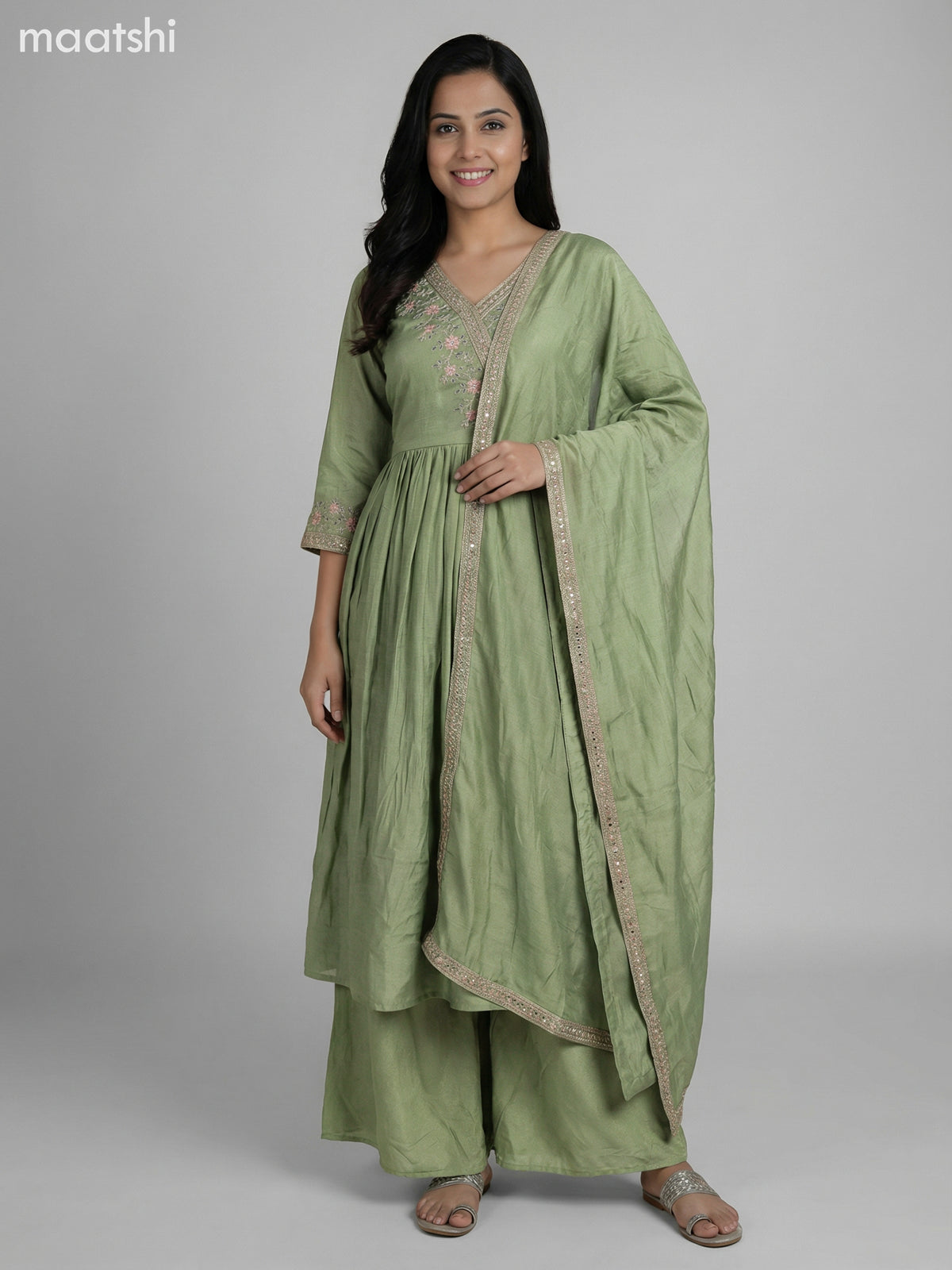 Pastel Green Semi Tussar Embroidery Work Anarkali Suit