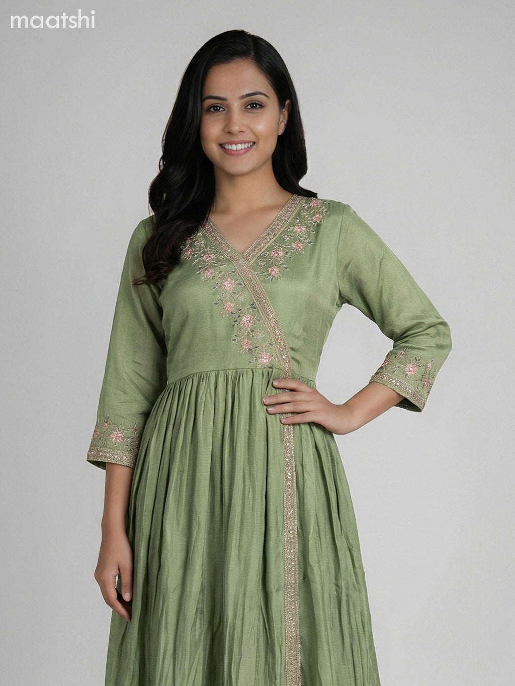 Pastel Green Semi Tussar Embroidery Work Anarkali Suit