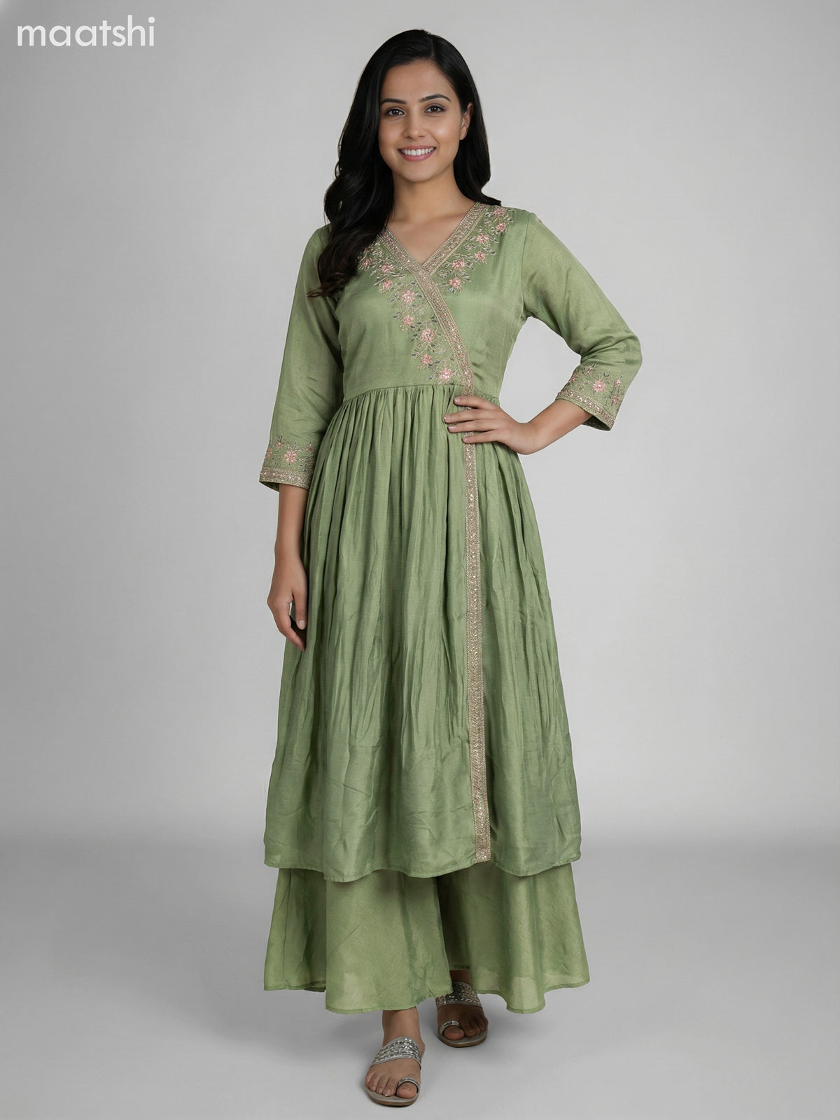 Pastel Green Semi Tussar Embroidery Work Anarkali Suit